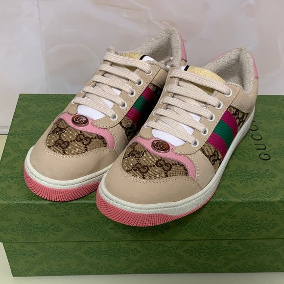 Gucci Shoes - Gucci Beige Pink GG Canvas Low-Top Sneakers with Green-Red Web Stripe